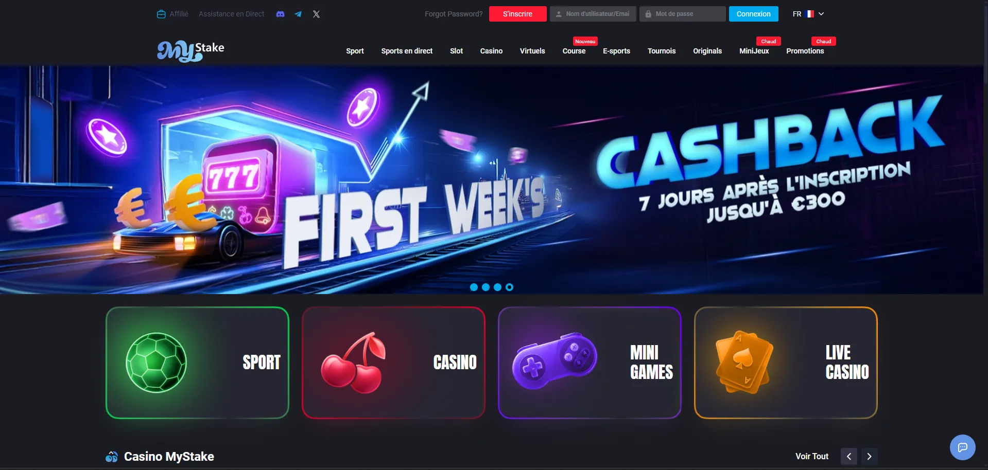 Page d'accueil du casino MyStake sur ordinateur